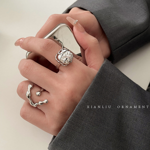 不规则金属淡水珍珠戒指女设计小众开口可调节指环气质时尚食指戒