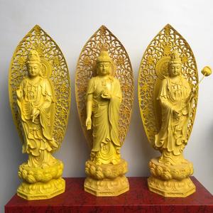 桧木黄杨木雕西方三圣阿弥陀三尊佛像带背光观世音菩萨大势至菩萨