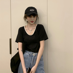 黑色圆领短袖T恤女款夏季韩版2021新款宽松休闲低领心机半袖上衣
