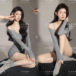影楼新款韩系时尚少女主题摄影服灰色肖像连衣裙个人艺术拍摄服装