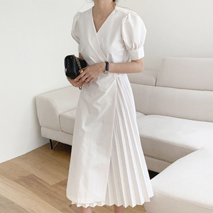 韩国chic夏季法式V领系带收腰拼接一片式中长款泡泡袖百褶连衣裙
