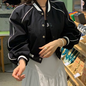 韩国chic春季新款复古百搭撞色短款棒球服设计感小众夹克外套女