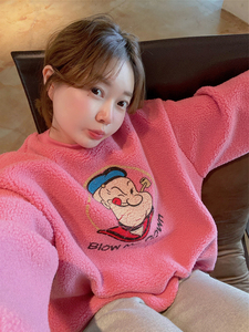 韩国东大门2024秋冬季新款粉色加绒加厚羊羔毛灯笼袖卡通通勤卫衣