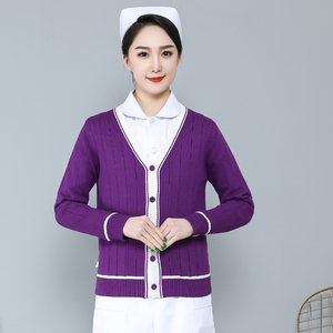 高端护士医生羊毛衣V领开衫外搭贵妃紫粉加白边厚绒抗起球精纺针