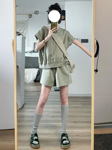 元气少女抹茶绿休闲运动服套装女夏日学院风短袖短裤小个子两件套