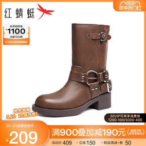 红蜻蜓棕色骑士靴秋冬季新款女鞋朋克长筒靴机能风复古时尚靴子潮