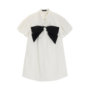 VEGA SUGAR白色衬衫裙女2023年夏装新款立体蝴蝶结泡泡袖连衣裙