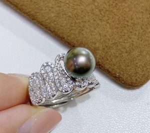DIY饰品配件 S925纯银豪华款珍珠戒指 满镶嵌锆石戒托配8-9mm圆珠