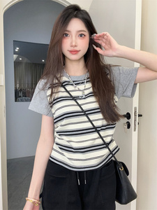 夏季新款韩版条纹短袖女小众设计感刺绣插肩袖T恤甜妹风修身短款