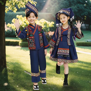 新款广西壮族三月三民族服装儿童表演服苗族哈尼族少数民族男女童