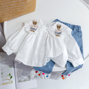 2023春新款童装女童小兔子衬衫儿童白色衬衣娃娃领上衣宝宝娃娃衫