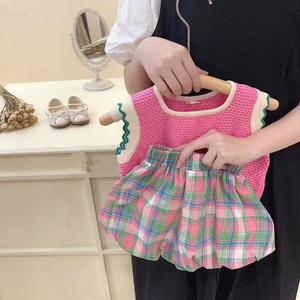 女童夏季套装2023洋气时髦女宝宝粉色针织背心格纹花苞短裤两件套