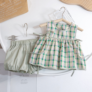 儿童女童夏日格子套装绿色小清新色织格纹娃娃衫背心裙短裤两件套