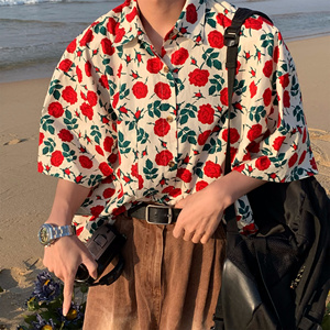 C2自制/港风复古玫瑰花满印短袖衬衫男夏威夷沙滩情侣vintage衬衣