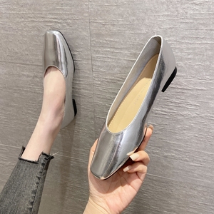 银色浅口奶奶鞋2023春夏韩版新款方头平跟低跟软底单鞋舒适女瓢鞋