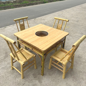 竹编火锅桌椅组合商用老式竹桌子户外庭院烧烤串串店碳化圆餐桌椅