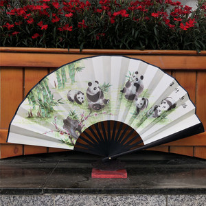 包邮四川熊猫手工男士折扇中国风扇子大绢扇古典工艺女折叠扇古风