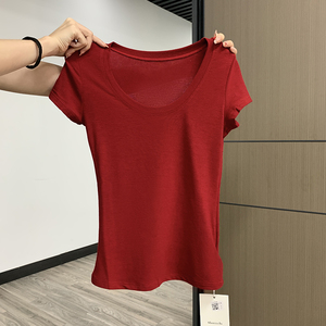 红色正肩U领短袖t恤女夏季新款多巴胺显白基础弹力修身显瘦上衣服