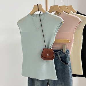 纯色无袖针织衫女夏季韩系高级感内搭设计感小众网纱镂空坑条上衣