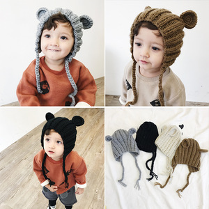 欧美秋冬季男女童宝宝帽子小熊耳朵系带婴儿帽儿童保暖护耳毛线帽