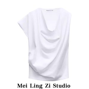 ZA 春季新品女装褶垂领不对称袖子宽松白色上衣褶皱T恤 0264338