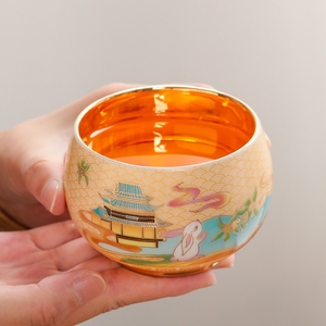 玉兔东升 纯金24K茶杯中式高端景德镇陶瓷鎏金主人杯女士单杯送礼