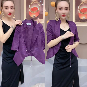 时尚西服套装裙女2022夏季新款盘扣精致紫色短上衣+醋酸吊带长裙