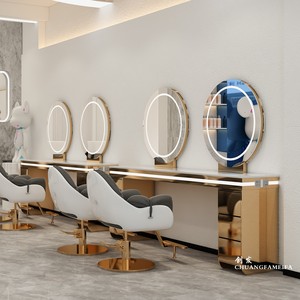 理发店镜台发廊专用新款网红美发镜子大理石柜子一体烫染发廊桌