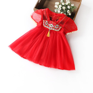夏季女宝周岁公主裙子洋气女童连衣裙一岁红色礼服汉服唐装旗袍春