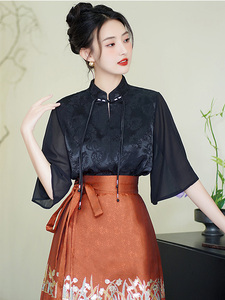 配马面裙的上衣夏季短袖黑色新中式衬衫汉元素立领中国风衬衣女款