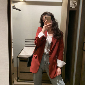 韩国专柜2024新款红色休闲小西装外套女赫本风西服百搭中长款外套