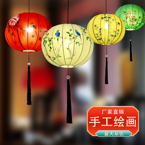 新中式创意圆形吊灯餐厅布艺荷花灯笼古风中国风佛堂茶室禅意灯饰