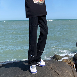 美式vibe牛仔裤男夏季高街微喇裤潮牌宽松黑色直筒排扣休闲长裤子