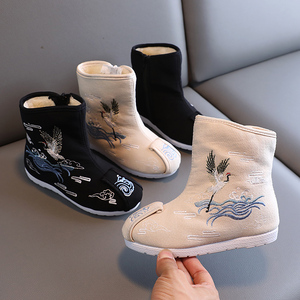 汉服男童靴儿童中筒官靴老北京布鞋中国风演出靴子民族风加绒棉鞋