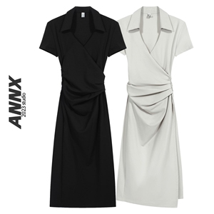 ANNX2024独特设计款收腰不对称短袖连衣裙Polo领皱褶收腰长裙深V