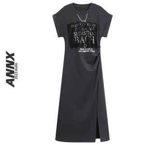 ANNX2024美式复古气质印花连衣裙女夏高级感别致项链显瘦开叉长裙