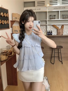 夏季新款韩系减龄飞飞袖蕾丝衬衣设计感褶皱小个子宽松蓝色衬衫女