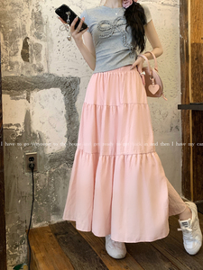 三木子自制 夏季高腰显瘦小个子粉色半身裙女装中长款甜美A字裙子