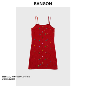 BANGON 红色亮片吊带连衣裙气质辣妹风2024年夏季新款设计感裙子