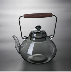 围炉煮茶日式黑胡桃木把提梁壶高硼硅耐热玻璃创意梨形沸水壶