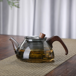 日式高硼硅耐高温泡茶壶 云汐壶烟灰色透明色胡桃木把手泡茶壶