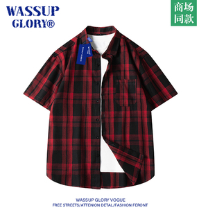WASSUP GLORY红色格子衬衫男款夏季美式复古休闲短袖衬衣潮牌外套