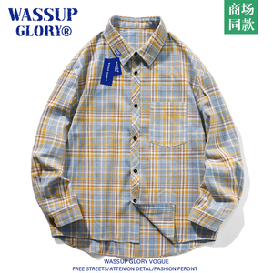 WASSUP GLORY格子衬衫外套男长袖春季条纹小香风宽松休闲短袖衬衣