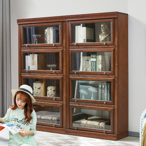 美式书柜置物架带门玻璃门实木柜子家用儿童书橱防尘落地书房书架
