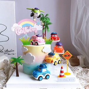 回力卡通小汽车摆件蛋糕装饰儿童生日烘焙情景塑料椰树飞机云朵款