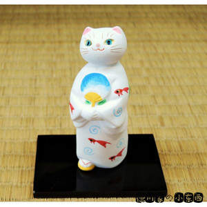 日本代购和风京陶人形可爱浴衣兔子浴衣猫咪小号素陶装饰摆件