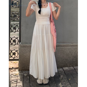 CatAndFish小众设计感白色半身裙女2023新款拼接长款重工大摆裙