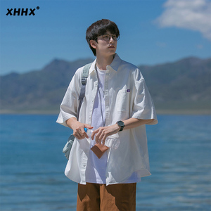日系短袖衬衫男士夏季薄款潮牌纯棉白色衬衣套装宽松休闲寸衫外套
