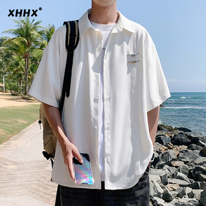 白色冰丝短袖衬衫男高级感夏季宽松大码潮牌垂感中式半袖衬衣外套