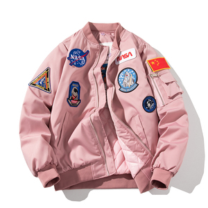 NASA联名宇航员外套冬季加厚棒球棉服男女情侣飞行员夹克粉色棉衣